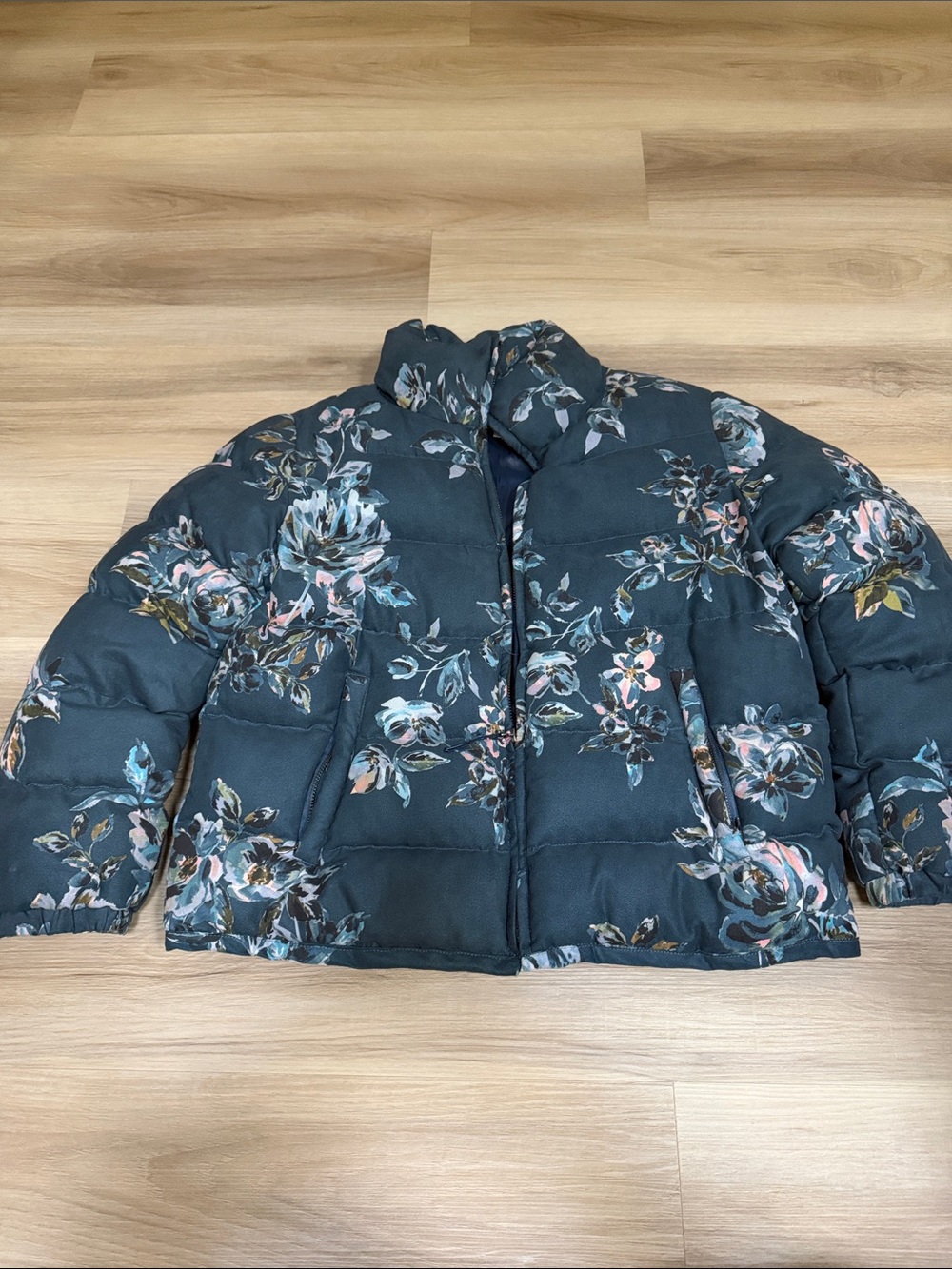 Anthropologie Floral Quilted Puffer Jacket - Teal with Pink Accents